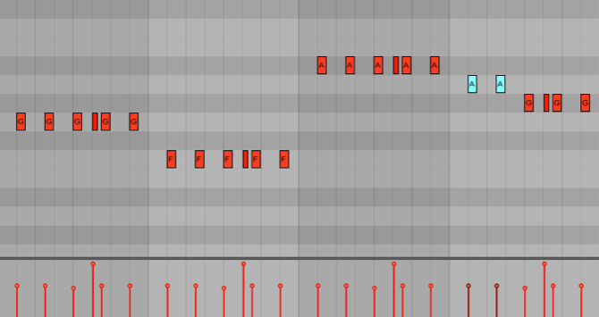 Пример 4: партия баса с&nbsp;изменением ритмического рисунка и&nbsp;нот (выделены голубым) 