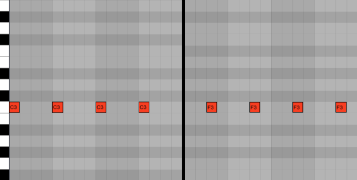 Пример 1: простейшая off-beat партия (справа) с&nbsp;прямой бочкой (слева)