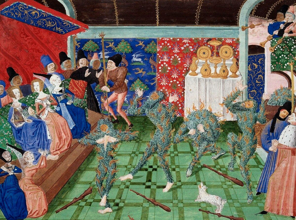 Le Bal des Ardents. Illuminated miniature from Jean Froissart’s Chroniques, BL Harley 4380.