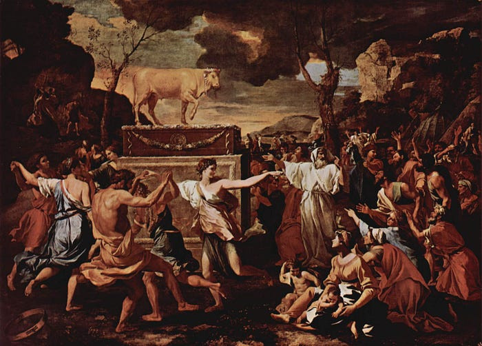 Рис. 1 Nicolas Poussin, The Adoration of the Golden Calf, 1633–1634, oil on canvas; 154 × 214 cm. National Gallery, London (in public domain)