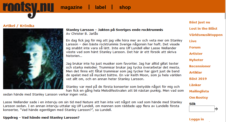 Скриншот с&nbsp;сайта Rootsy. «Стэнли Ларссон&nbsp;— охота за&nbsp;единственным шведским рок-барабанщиком»