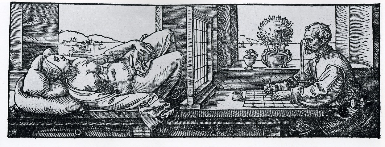Альбрехт Дюрер. Мужчина делает перспективный рисунок лежащей женщины. 1525.