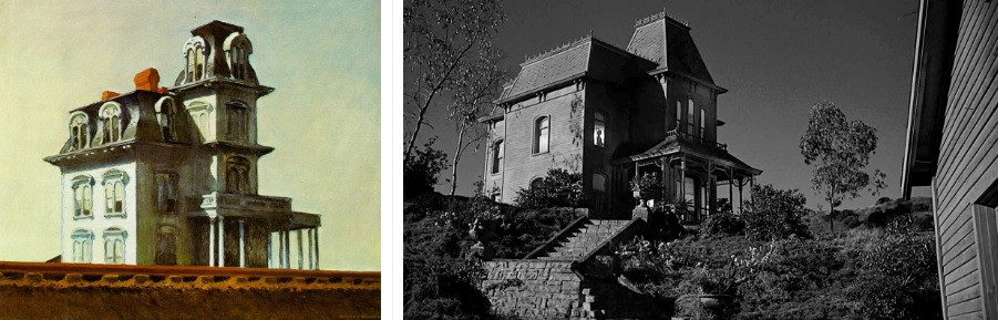 Слева: «Дом у&nbsp;железной дороги» Эдварда Хоппера, справа кадр из&nbsp;фильма «Психо»