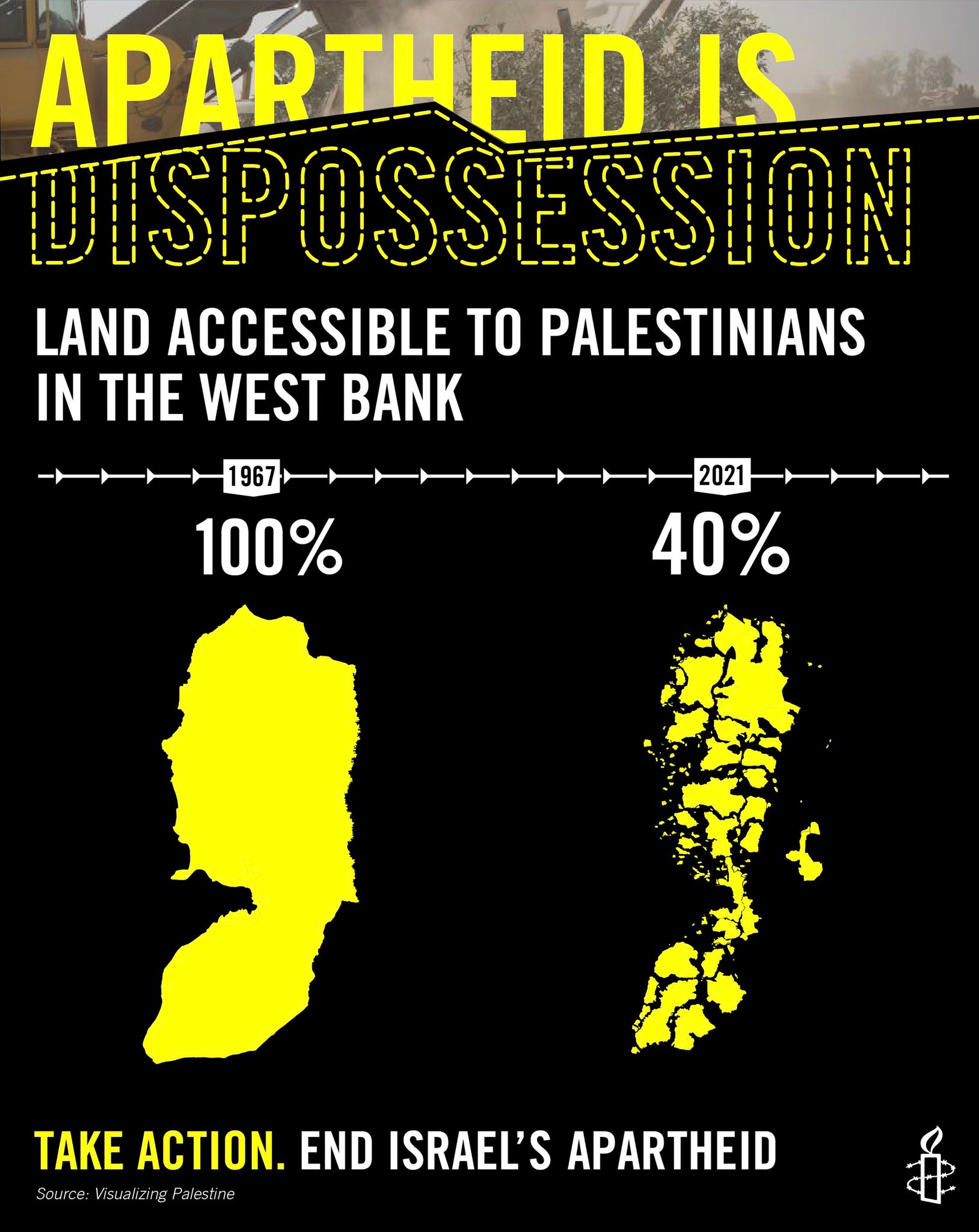«Апартеид&nbsp;— это выселение с&nbsp;земли. Земля, доступная палестинцам на&nbsp;Западном берегу. Действуйте. Покончите с&nbsp;израильским апартеидом.» Источник: Amnesty International и&nbsp;Visualizing Palestine