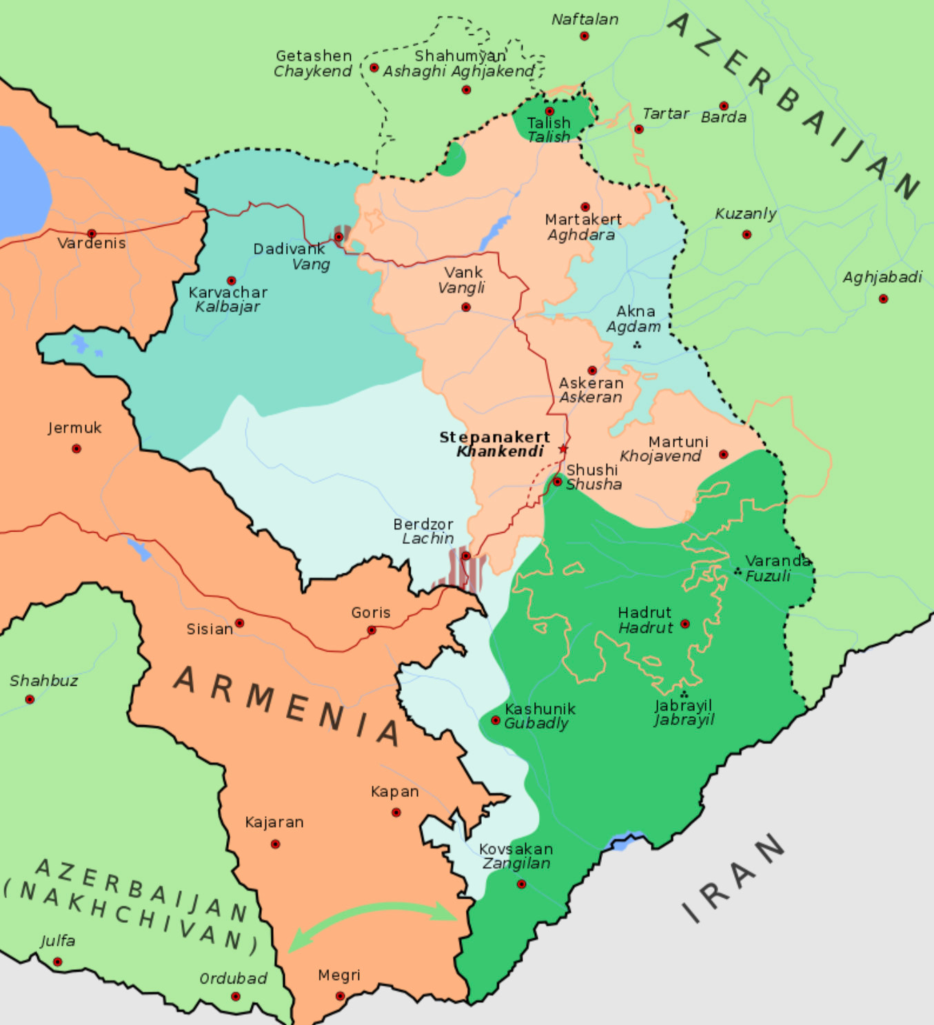 Карта НКР после Второй карабахской войны. На&nbsp;ней изображены две основные дороги: Лачинский коридор и&nbsp;Варденис-Дадиванк, однако Азербайджан не&nbsp;разрешил пользоваться другими дорогами, кроме Лачинского коридора