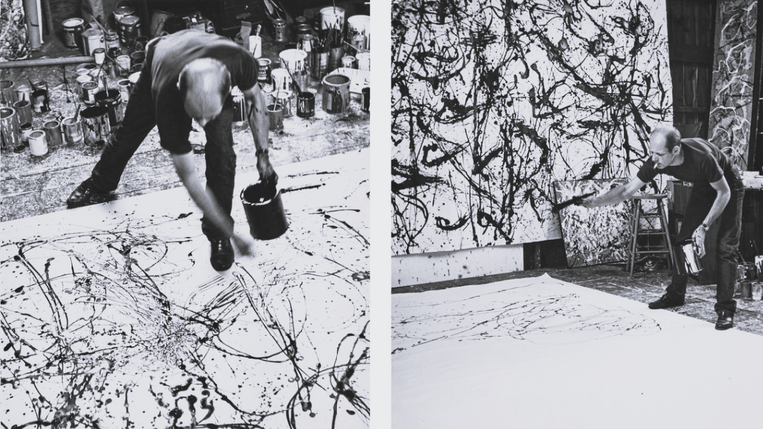 Джексон Поллок за работой в своей студии в Нью-Йорке (1950), фотография Ханса Намута См. по теме: «Фотография как текст: Розалинд Краусс о случае Намута — Поллока»