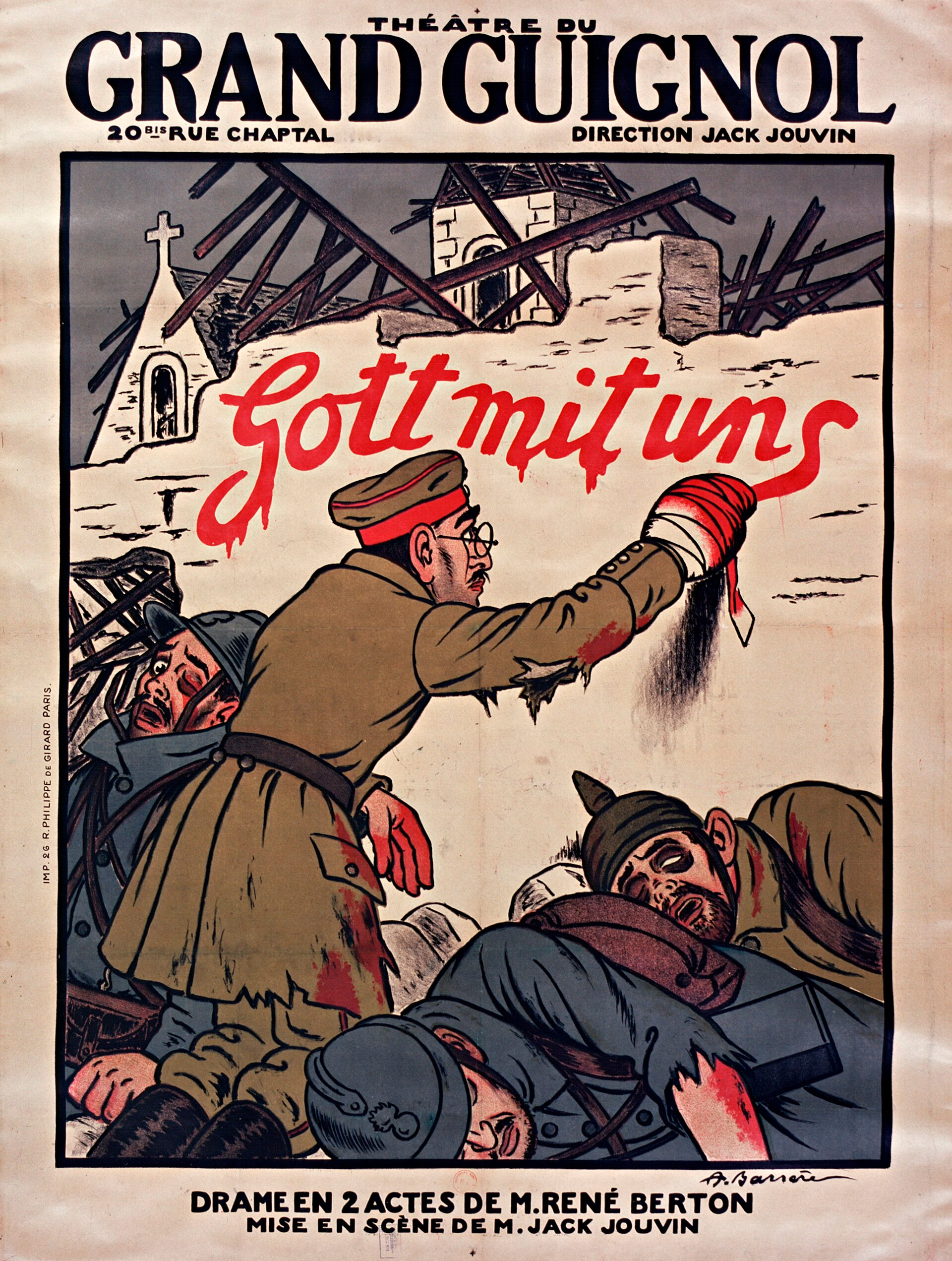 Антивоенный плакат времён Первой мировой, демонстрирующий мясорубку. Немецкий солдат своей кровью пишет "Бог с нами…"