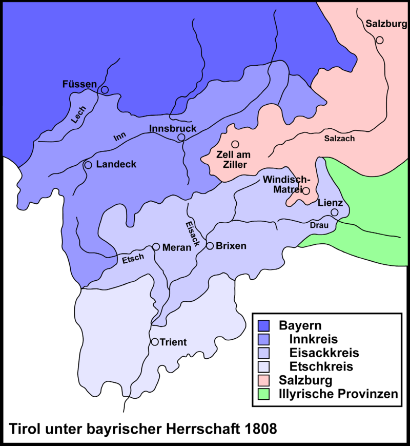Департаменты, на&nbsp;которые был разделён Тироль, а&nbsp;также некоторые прилегающие земли, 1808&nbsp;год.