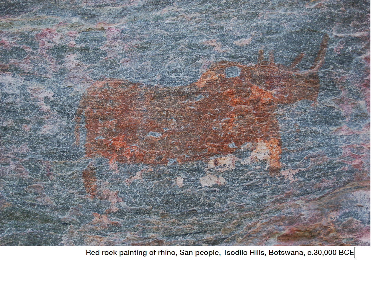 Надпись на слайде: Красное наскальное изображение носорога, народ Сан, Цодило, Ботсвана (прим. 30 000 до н. э.) 