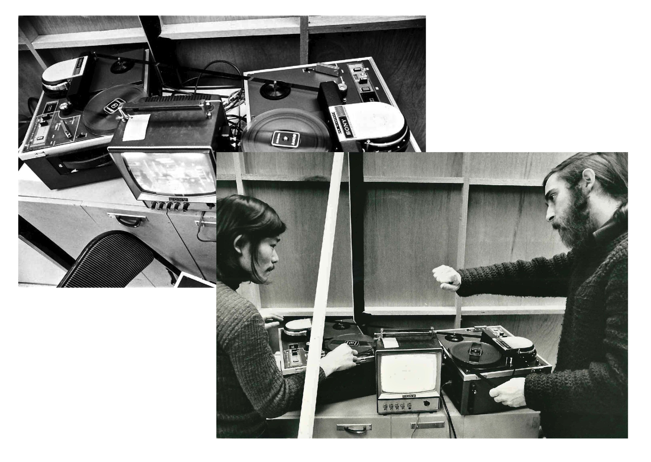 Michael Goldberg and Nobuhiro Kawanaka at the “VIDEO COMMUNICATION&nbsp;— Do It Yourself Kit” exhibition (1972). Photos: Video Journal.