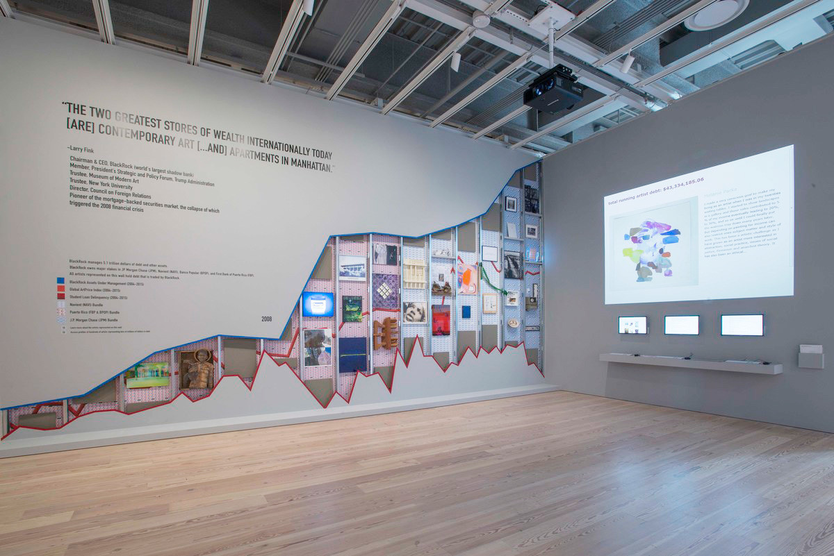 Occupy Museums, Installation Debtfair, 2017. 2017 Whitney Biennial (March 17&nbsp;— June 11, 2017)). Thirty artworks and interactive website. Courtesy of the artists. Whitney Museum of American Art, New York. Photograph Bill Orcutt