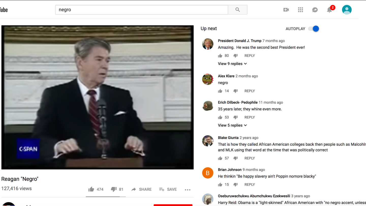 Скриншот ролика на&nbsp;Ютубе, в&nbsp;котором президент Рейган делает расистское замечание