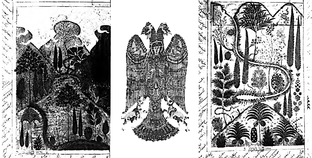 По краям: пейзажи хварна (иллюстрации из книги Корбена); в центре: изображение с обложки Духовного тела и небесной земли Корбена (1960)