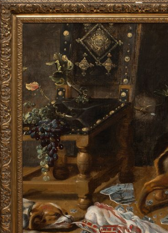 Фрагмент картины круга Франса Снейдерса «Кладовая» с&nbsp;изображением португальского стула и&nbsp;винограда в&nbsp;левой части БСИИ ASG, инв. № 04-4263