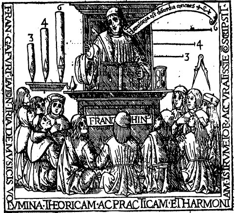 титульная иллюстрация трактата франкино гафури «труд о&nbsp;гармонии музыкальных инструментов» (1518). гафури говорит студентам: harmonia est discordia concors