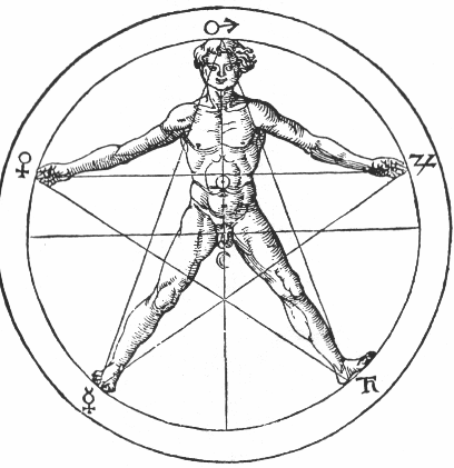 Пентаграмма с&nbsp;вписанным в&nbsp;нее человеком&nbsp;— знак Микрокосма (из&nbsp;«Оккультной философии» Г.К.&nbsp;Агриппы)