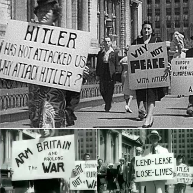 А здесь граждане США протестуют с лозунгами "Гитлер не нападал на США. Зачем нападать на Гитлера?" против участия США во Второй мировой войне