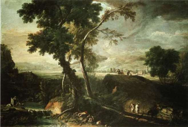 Риччи М. «Пейзаж с&nbsp;монахом и&nbsp;прачками». Венеция, ок. 1720. Галереи Академии