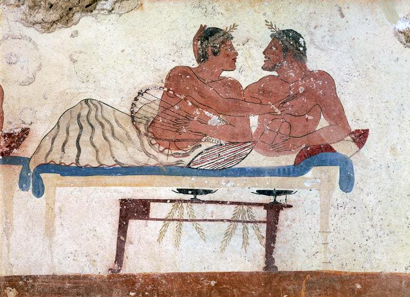 Symposium ca 480-490 BC, decorative fresco from the north wall of the Tomb of the Diver at Paestum, Italy.