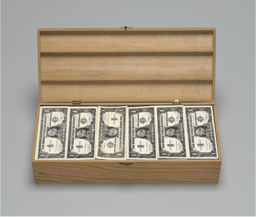Robert Watts. Dollar Bills in Wood Chest. c.&nbsp;1975 Wooden chest, offset lithographs. Courtesy of MoMA