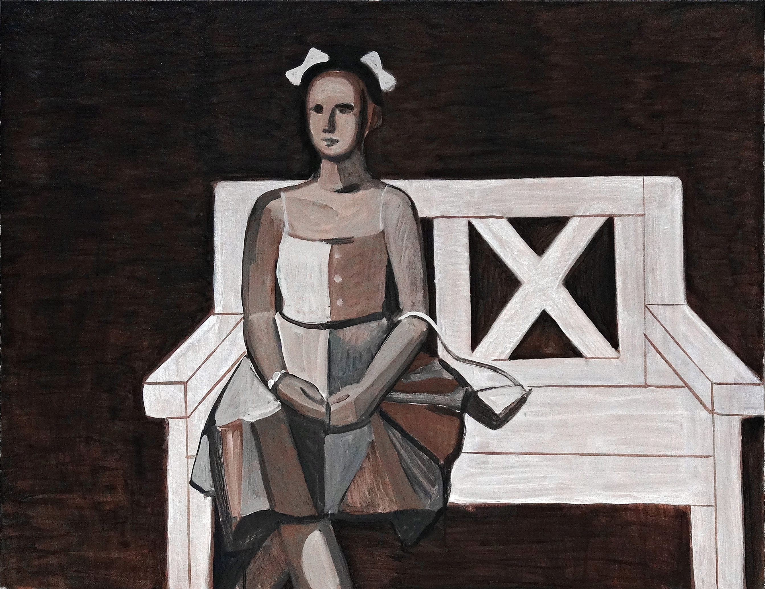 ON A BENCH. Acrylic on canvas, 100×130 cm. 2022