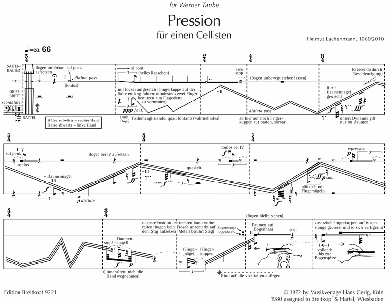 Фрагмент партитуры Pression для виолончели соло Хельмута Лахенмана