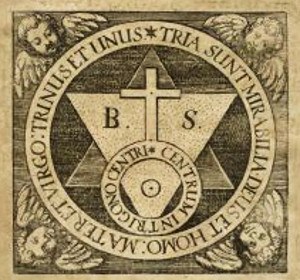  «Aureum Seculum Redivivum» (гравюра фронтисписа,1625) *К&nbsp;сакральному смыслу элементарных геометрических форм обращались и&nbsp;алхимики, и&nbsp;схоласты раннего средневековья. Известны космо- и&nbsp;<nobr>гео-экзегетические</nobr> интерпретации «квадратного круга» (orbis quadratus) и&nbsp;треугольника в&nbsp;круге. Загадочное изображение «triangulum in orbis» воспроизведено на&nbsp;гравюре фронтисписа в&nbsp;книге немецкого алхимика Адриана вон Муншихта «Aureum Seculum Redivivum» (Возрождение Золотого Века, 1625). Этот знак вырезан и&nbsp;на&nbsp;Вратах Алхимии, возведенных на&nbsp;Piazza Vittorio в&nbsp;Риме розенкрейцером Массимилиано Паломбаром (XVII век). Надпись в&nbsp;малом круге гласит: «CENTRUM IN TRIGONO CENTRI» (Центр&nbsp;— в&nbsp;центре треугольника). В&nbsp;большой круг вписано следующее изречение: «TRIA SUNT MIRABILIA DEUS ET HOMO MATER ET VIRGO TRINUS ET UNUS» (Есть три чуда: Бог и&nbsp;Человек, Мать и&nbsp;Дева, Троица и&nbsp;Единица). **«Адаматические штыри»&nbsp;— стихотворная вольность, неологизм, в&nbsp;котором метафорически объединены спицы колеса и&nbsp;прах земной (adama по-еврейски), из&nbsp;которого был создан первочеловек Адам. 