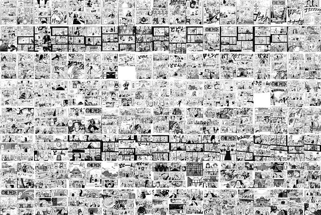 Крупный план корпуса страниц One Piece, расположенных в&nbsp;сетке в&nbsp;порядке публикации (слева направо, сверху вниз).