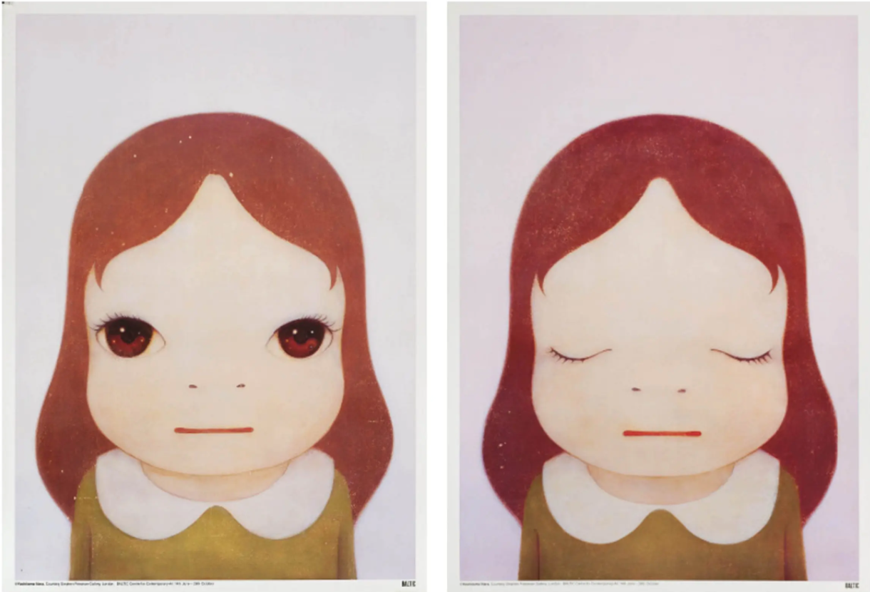 Yoshitomo Nara. Cosmic Girls: Eyes Opened/ Eyes Closed (two parts. 2008. Colour lithographs. Source: sothebys.com