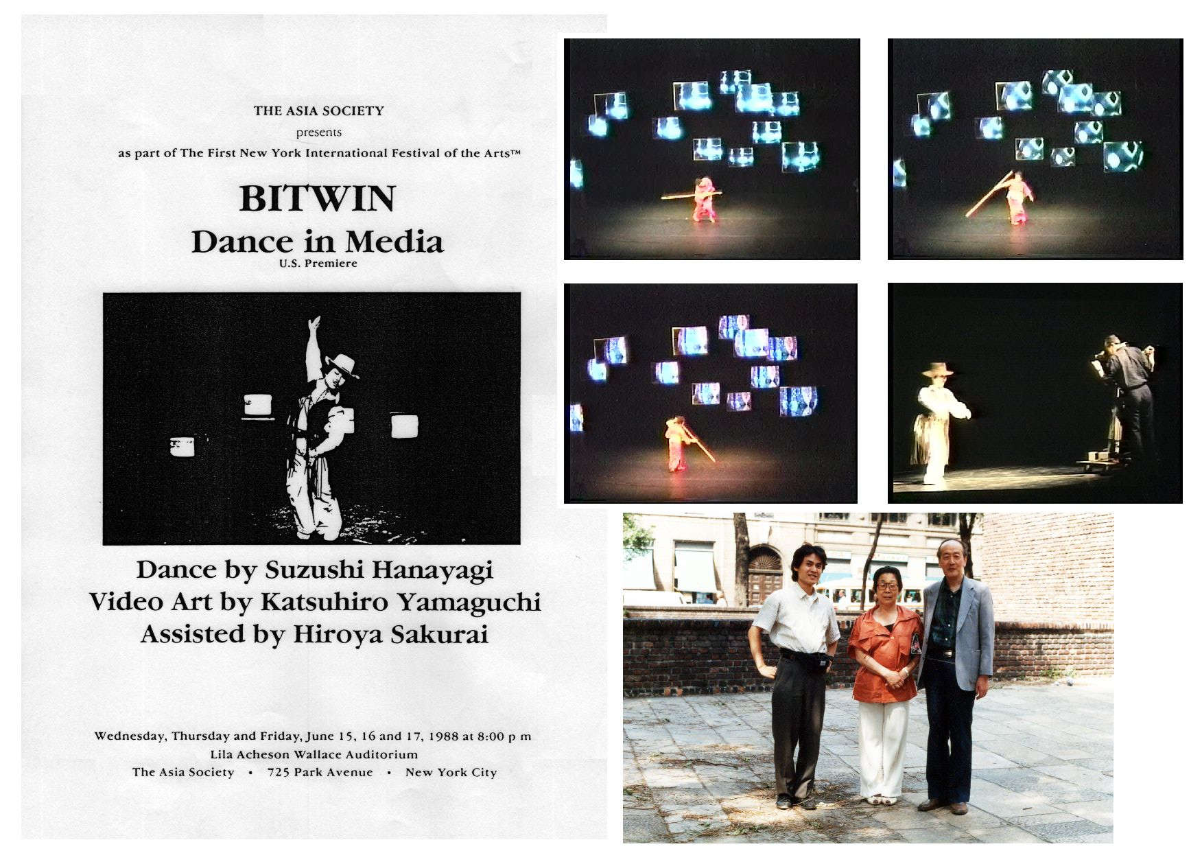 (1) Флайер к&nbsp;нью-йоркской «Bitwin, Dance in Media» (видеоарт&nbsp;— Кацухиро Ямагути, танец&nbsp;— Судзуси Ханаяги, ассистент&nbsp;— Хироя Сакурай (1988). (2) Кадры из&nbsp;нью-йоркской «Bitwin, Dance in Media» (1988). (3) Групповое фото на&nbsp;видеоперформансе «Mrs. Hands and Feet» (слева направа): Хироя Сакурай, Судзуси Ханаяги, Кацухиро Ямагути (1987). Courtesy: фото и&nbsp;скан предоставлены Хироя Сакураем.