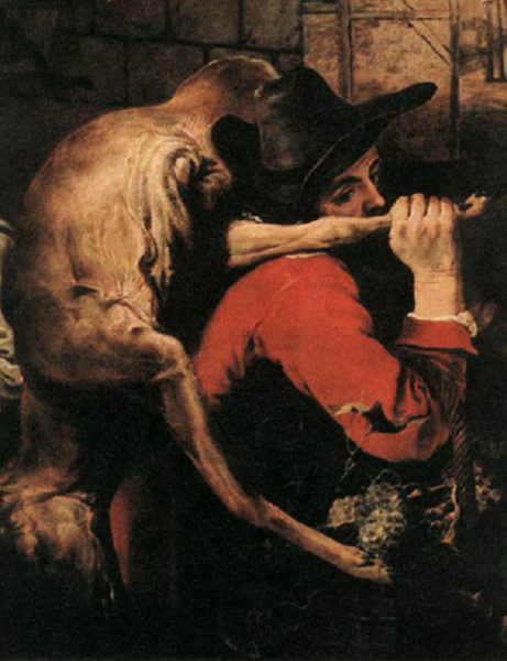 Фрагмент картины Франса Снейдерса «Возвращение с&nbsp;охоты» с&nbsp;изображением крестьянина, несущего на&nbsp;спине оленя. Национальной галерее Праги