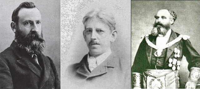 Основатели и&nbsp;руководители Золотой Зари. Слева направо: Уильям Уэсткотт, Самуэль МакГрегор Матерс, Уильям Вудман