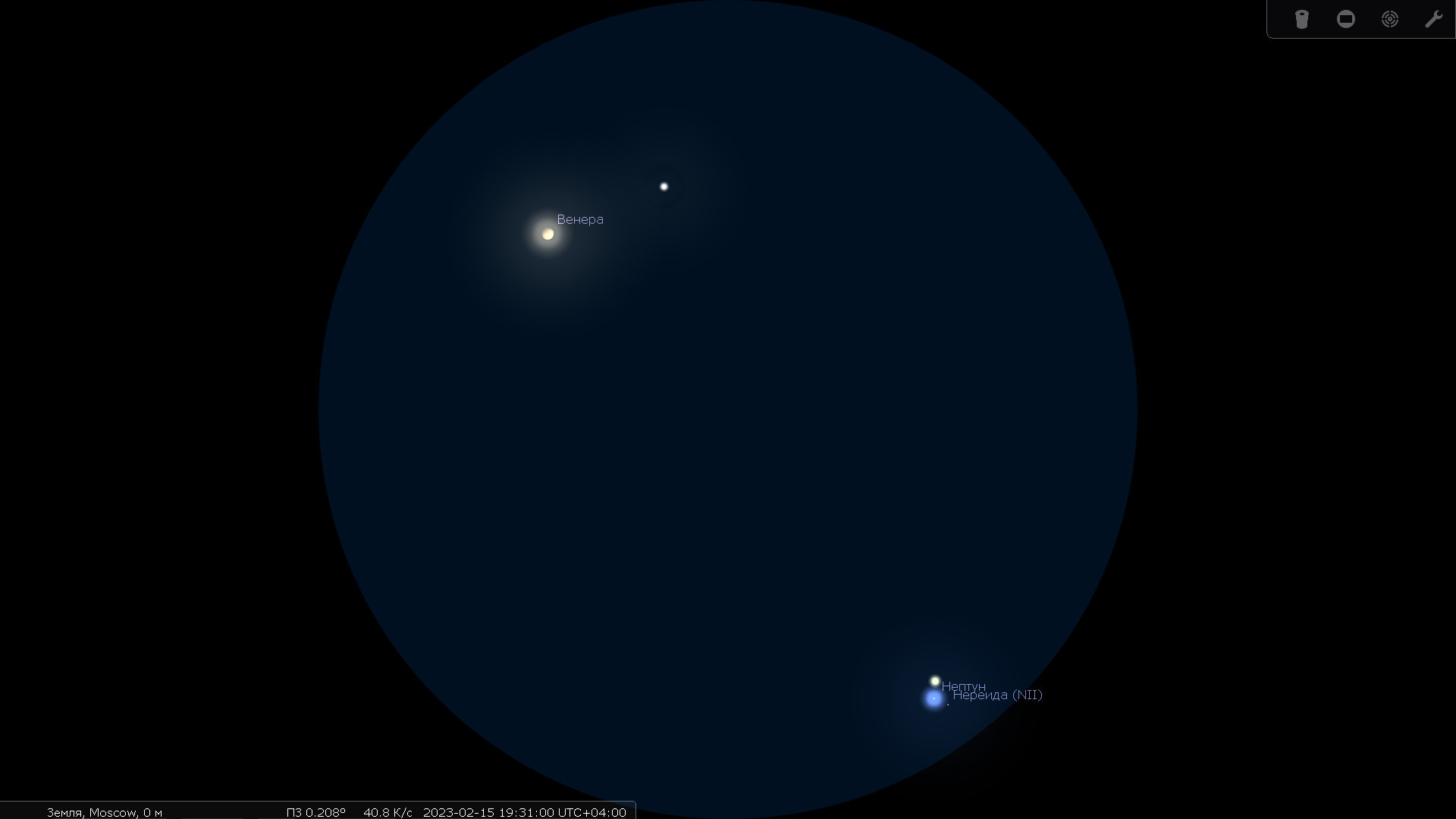 Венера, планета Нептун и&nbsp;его спутники 15 февраля 2023&nbsp;года при&nbsp;наблюдении в&nbsp;телескоп с&nbsp;большим увеличением. Характерная локация&nbsp;— Европа.