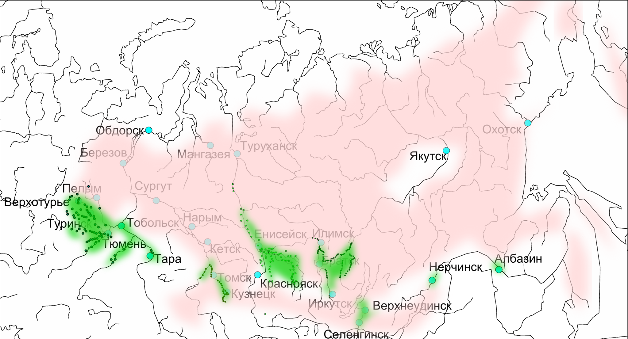 Карта пушного промысла и&nbsp;расселения русского населения. Рисунок Ивана Соколовского