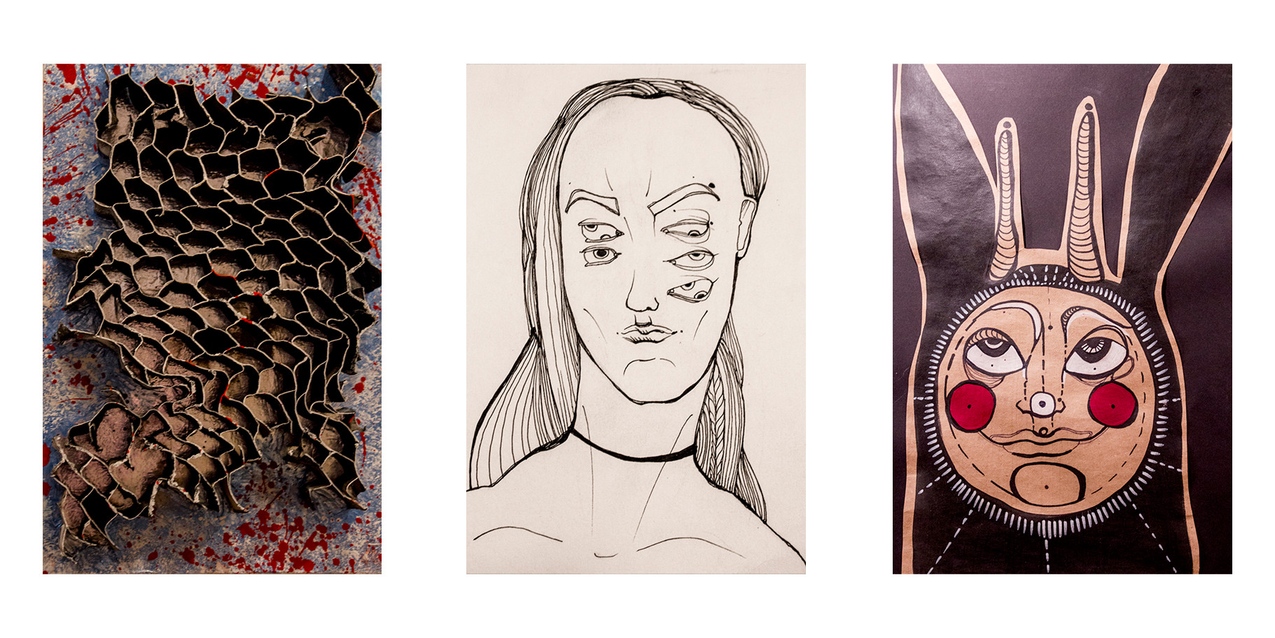 Слева направо: «Улей», Олег V, «Из&nbsp;серии автопортретов» Маруся Роменец, из&nbsp;триптиха «Кролики» Маруся Роменец.
