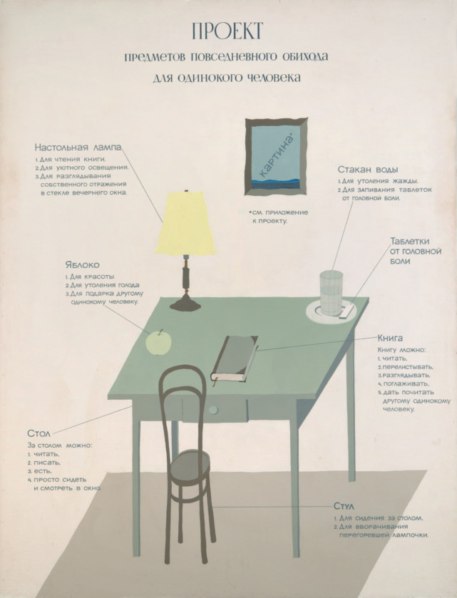 Проект предметов повседневного обихода для одинокого человека, 1975 Эмаль, оргалит, 170×130 cм