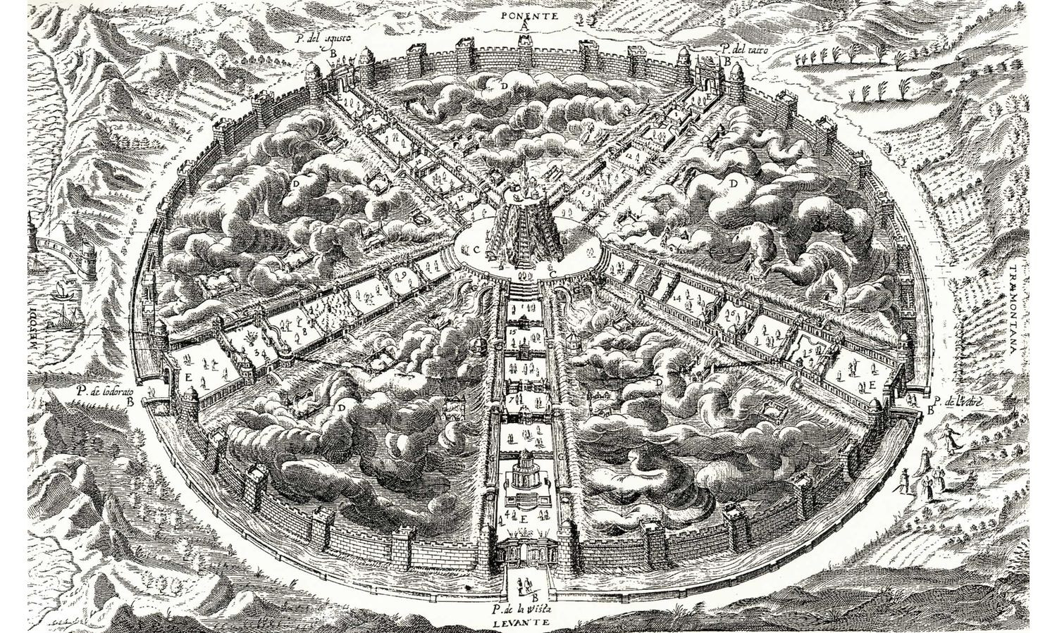 Theodori Marcilii, иллюстрация из книги Civitas veri sive morvm (1609), ошибочно трактуемая как изображение «Города Солнца». Источник: Wikipedia