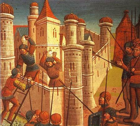 Завоевание Константинополя в&nbsp;1453&nbsp;году. На&nbsp;фрагменте изображены Феодосиевы стены, построены в&nbsp;V веке, сохранились до&nbsp;сих пор. 