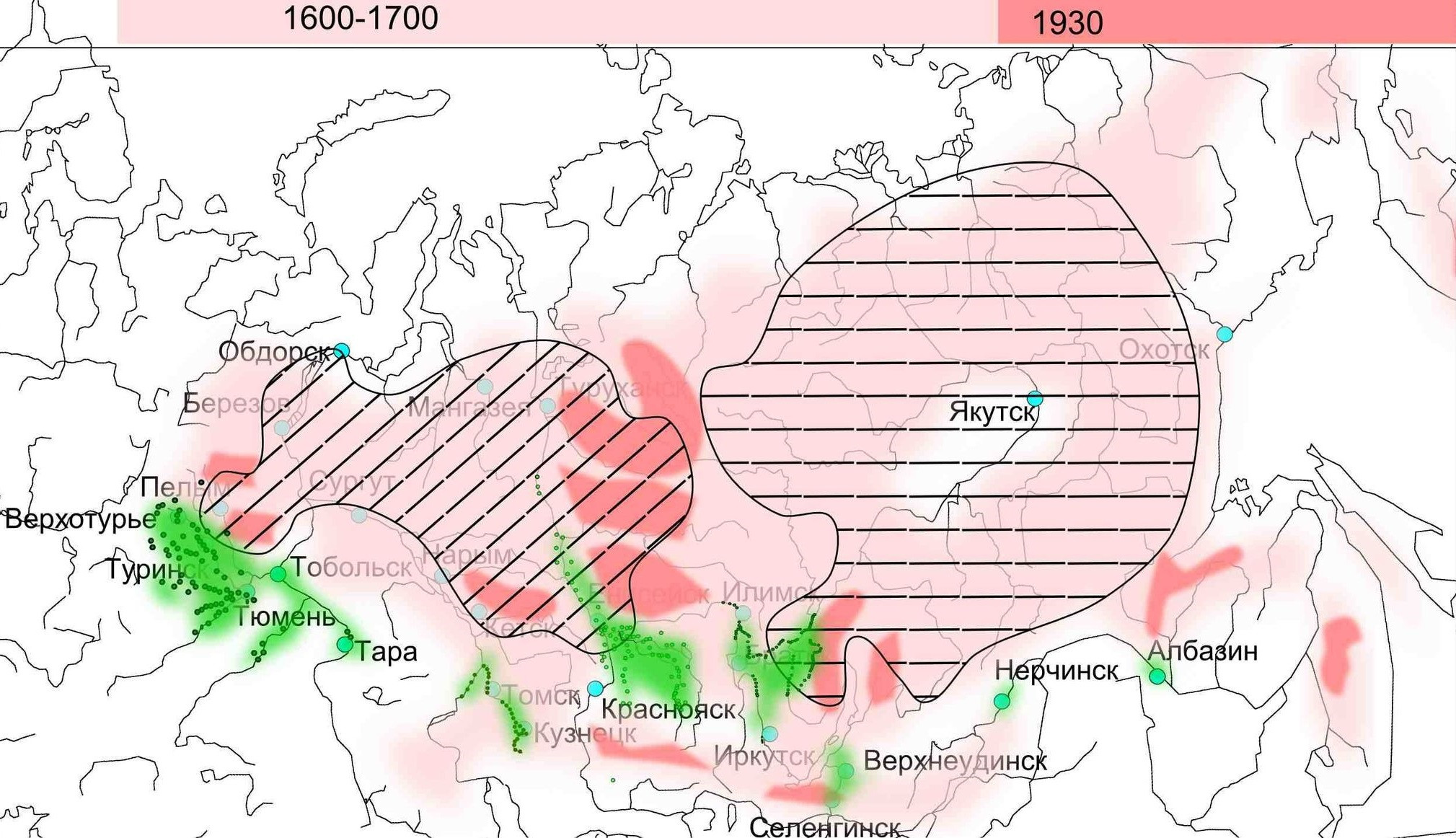 Районы пушного промысла в&nbsp;XVII-XVIII веках и&nbsp;после 1930&nbsp;года. Рисунок Ивана Соколовского