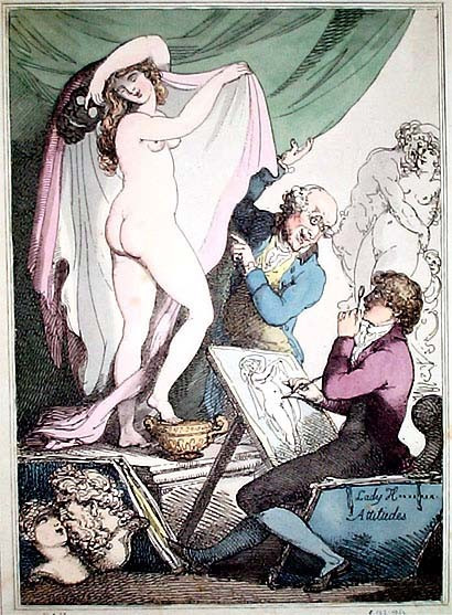 Карикатура на&nbsp;живые картины леди Гамильтон работы Томаса Роулендсона, 1790&nbsp;г.