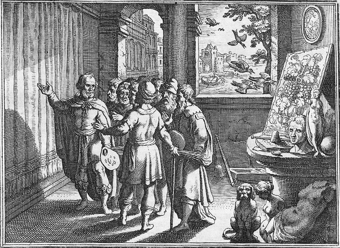 Zeuxis und Parrhasios. Matthäus Merian d. Ä. (1593–1650). Berlin, Sammlung Archiv für Kunst und Geschichte.