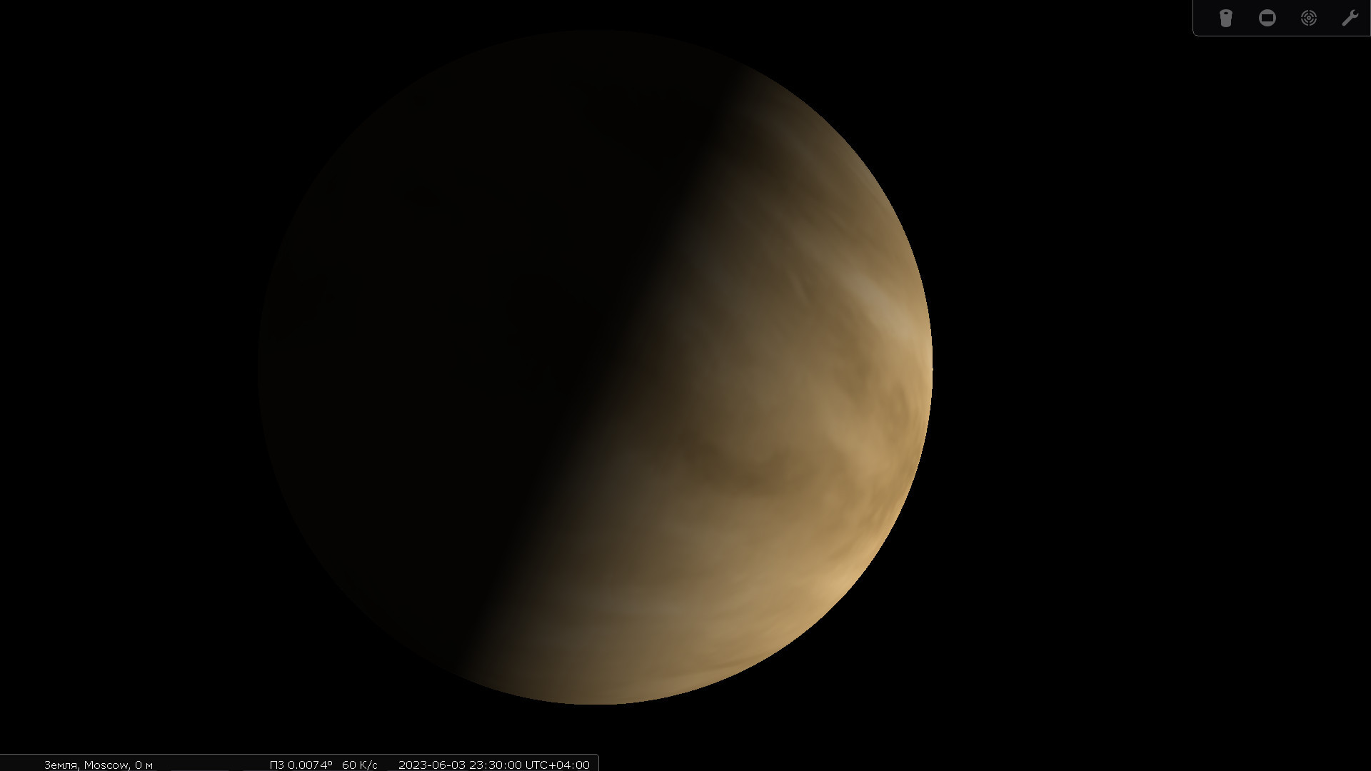Моделирование видимости Венеры в&nbsp;дни элонгации в&nbsp;телескоп при&nbsp;большом увеличении, с&nbsp;той оговоркой, что такой контрастности деталей облачного покрова планеты без&nbsp;специальных фильтров не&nbsp;увидеть.
