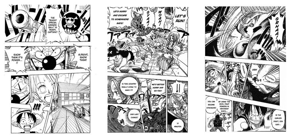 Примеры страниц из&nbsp;серии One Piece, взятые из&nbsp;5-й, 200-й и&nbsp;400-й глав.