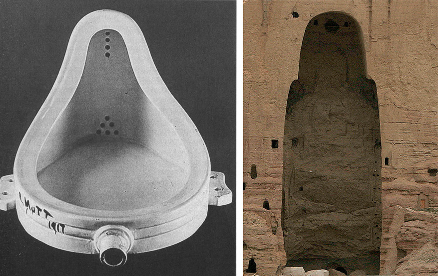 Слева: М. Дюшан «Фонтан», Справа: место, где возвышалась статуя Будды, разрушенная талибами в&nbsp;2001&nbsp;году.