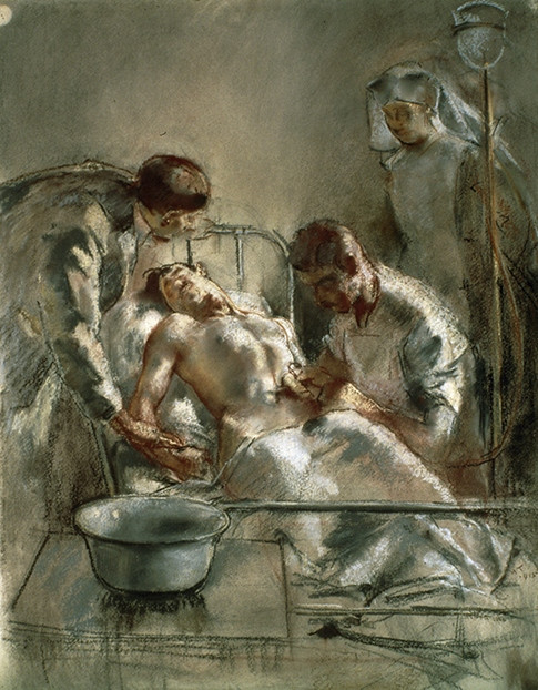 Британский хирург и&nbsp;художник Генри Тонкс на&nbsp;своей картине изобразил раненного солдата в&nbsp;госпитале Британского Красного Креста (Арк-ан-Барруа)
