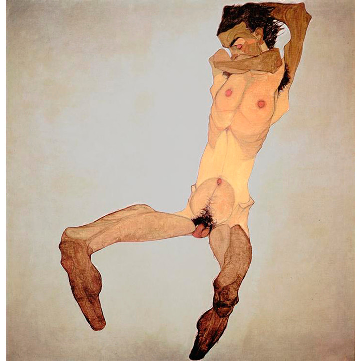 “Sitzender männlicher Akt (Selbstbildnis)/Seated Male Nude (Self-Portrait)”. Egon Schiele. (1910). Oil and gouache on canvas 152.5×150 cm. © Leopold Museum