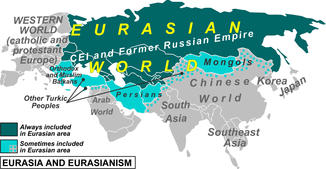 Предполагаемая карта &#39;«Евразийской цивилизации»&#39; выделена голубо-зелёным, территории иногда включаемые в&nbsp;её состав голубым. 