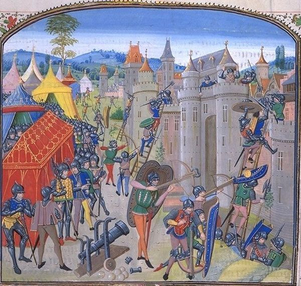 Французские войска осаждают Дюрас в&nbsp;1377&nbsp;году во&nbsp;время Столетней войны. Иллюстрация к&nbsp;«Хроникам» Жана Фруассара