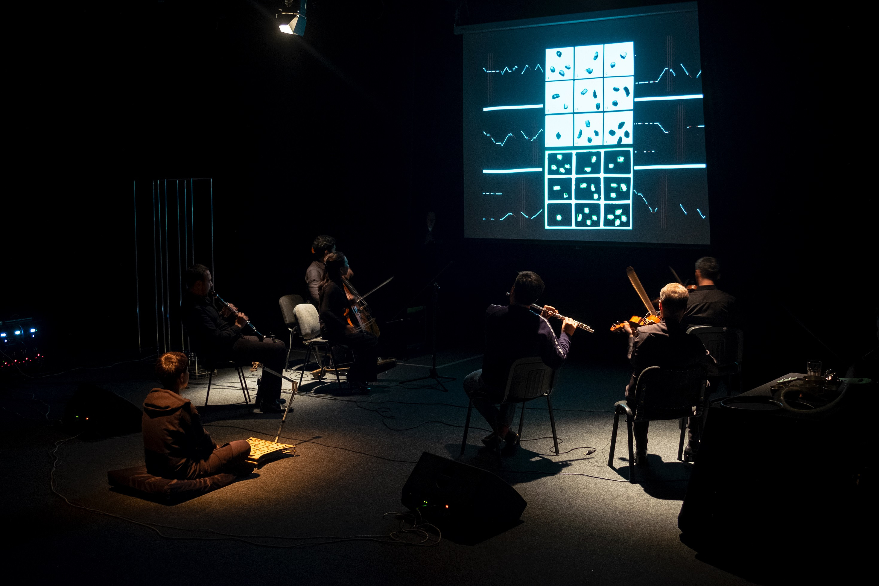 Music of Fulfilment 41 concert at the frame of the 1st Korkut Biennale of Sound Art and New Music. The musicians from the contemporary music ensemble EEGERU are playing the scores compiled by an algorythm from kumalak divination. 29 October 2022, Total Theater, Almaty