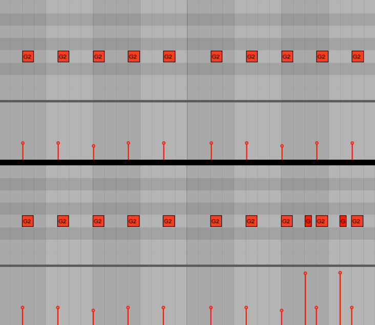 Пример 3: бас-партия изначальная (сверху) и&nbsp;та&nbsp;же партия, но&nbsp;с&nbsp;измененным рисунком (снизу)